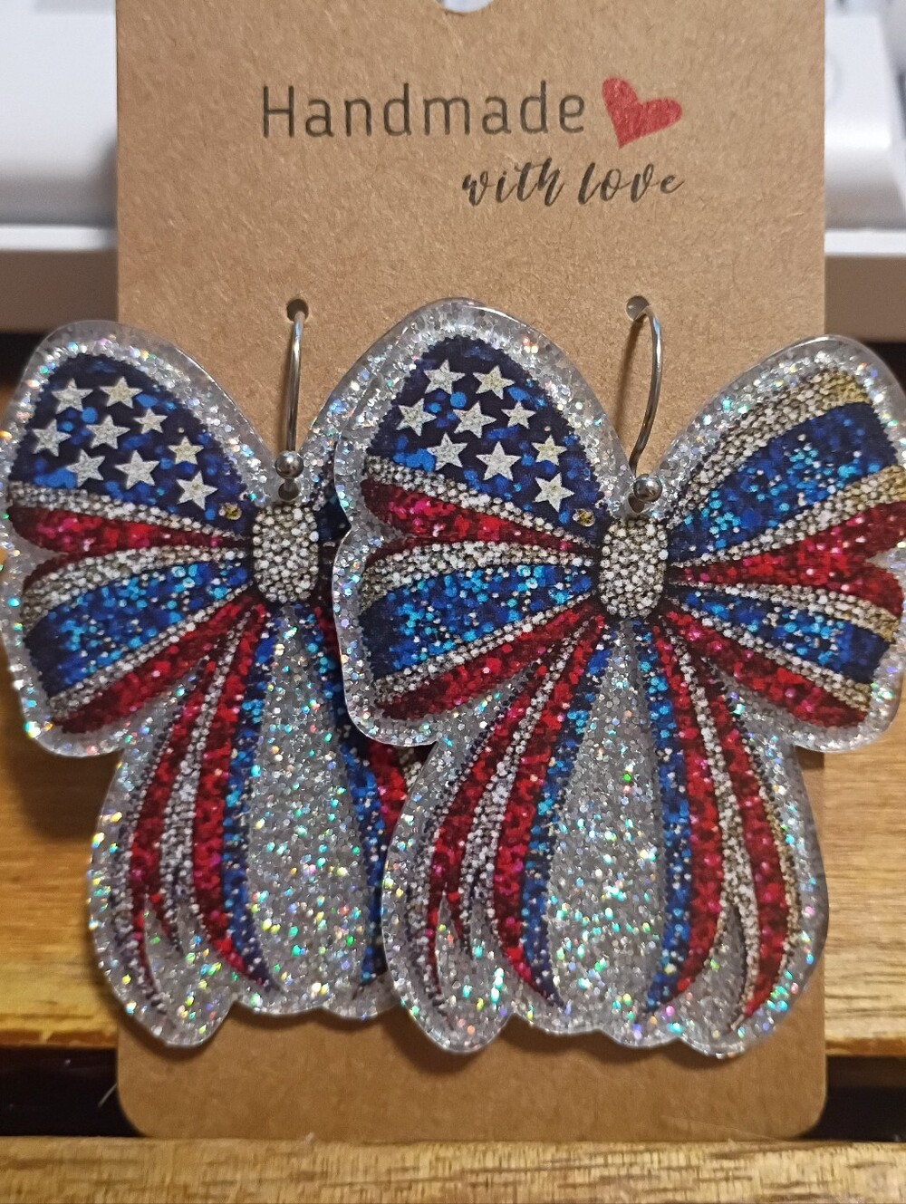 Handmade Glitter Patriotic Bow Tie Earrings - Red, White & Blue